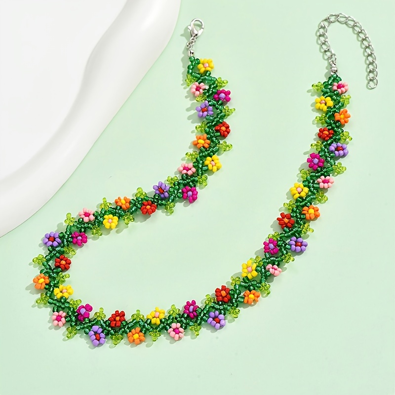 Bohemian Braided Beaded Colorful Flower Necklace